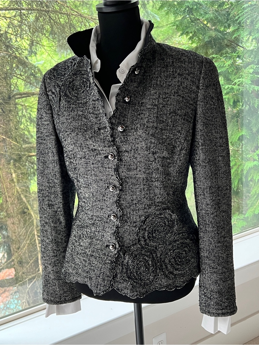 Per Se Black & Gray Tweed Jacket With Silver Accents And Flower Appliqué